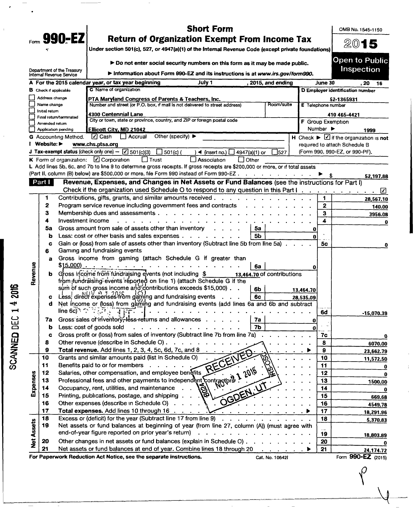 Image of first page of 2015 Form 990EZ for PTA Delaware Congress / Centennial High School Ptsa