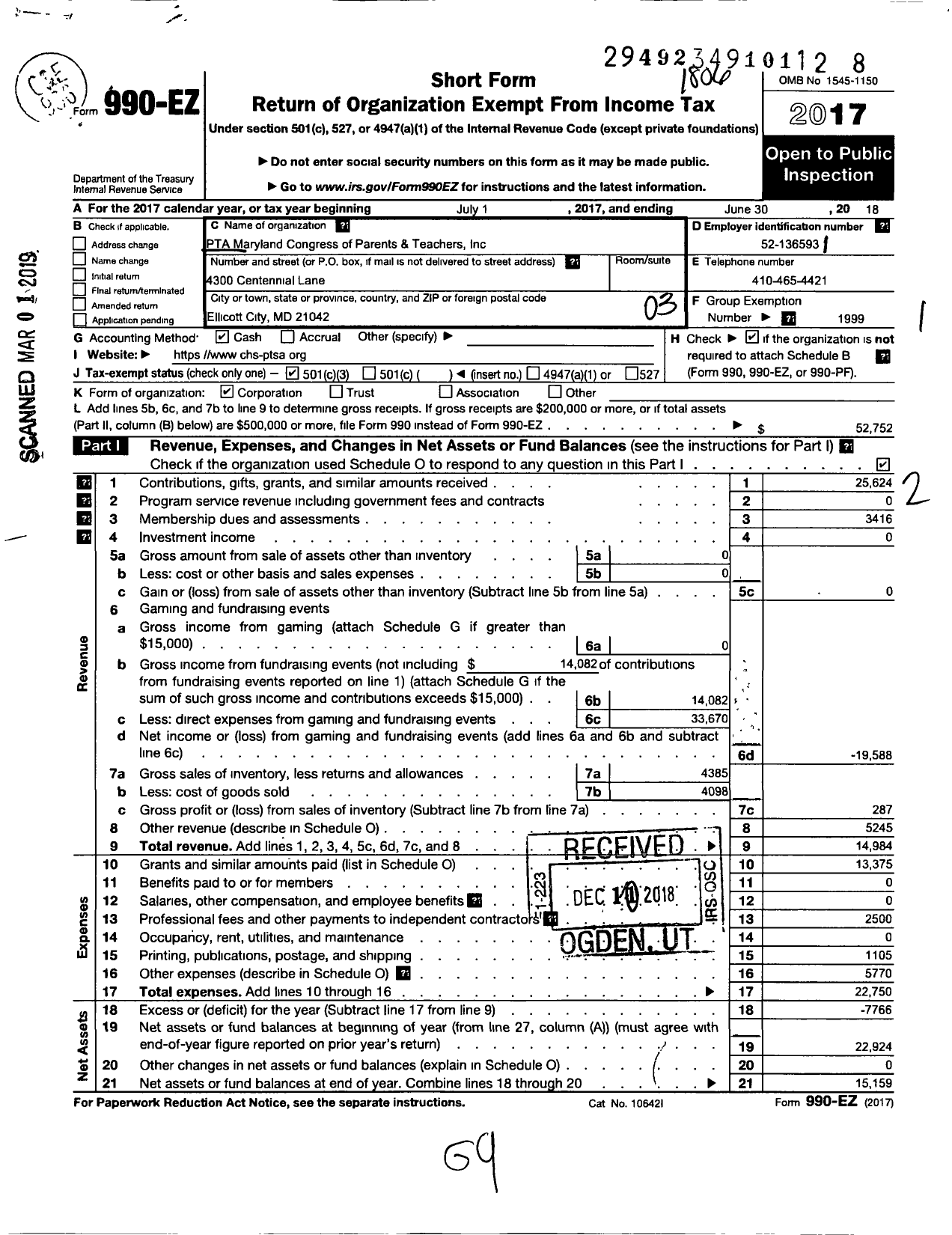 Image of first page of 2017 Form 990EZ for PTA Delaware Congress / Centennial High School Ptsa