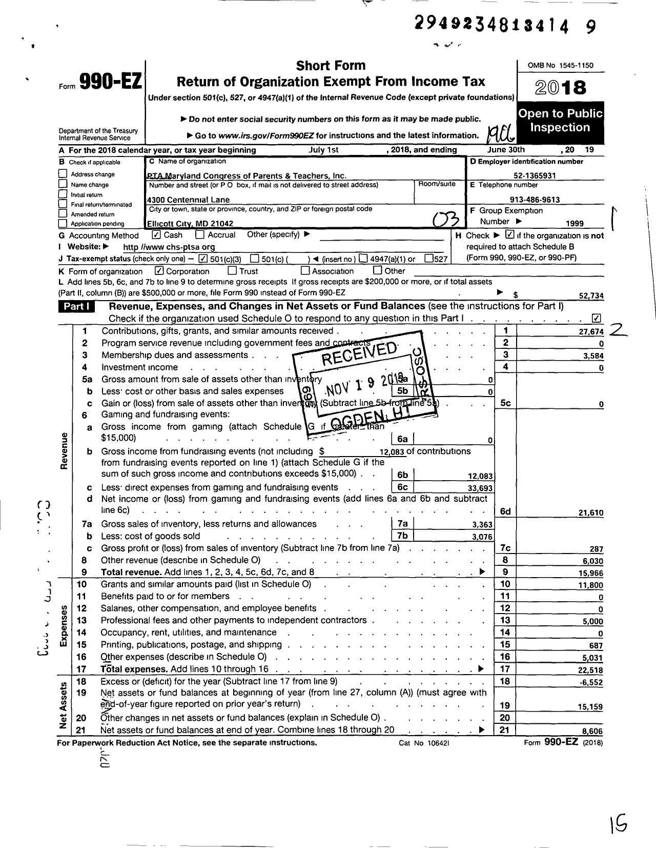 Image of first page of 2018 Form 990EZ for PTA Delaware Congress / Centennial High School Ptsa