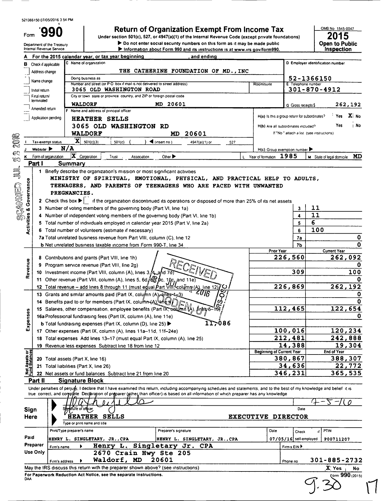 Image of first page of 2015 Form 990 for Catherine Foundation of MD