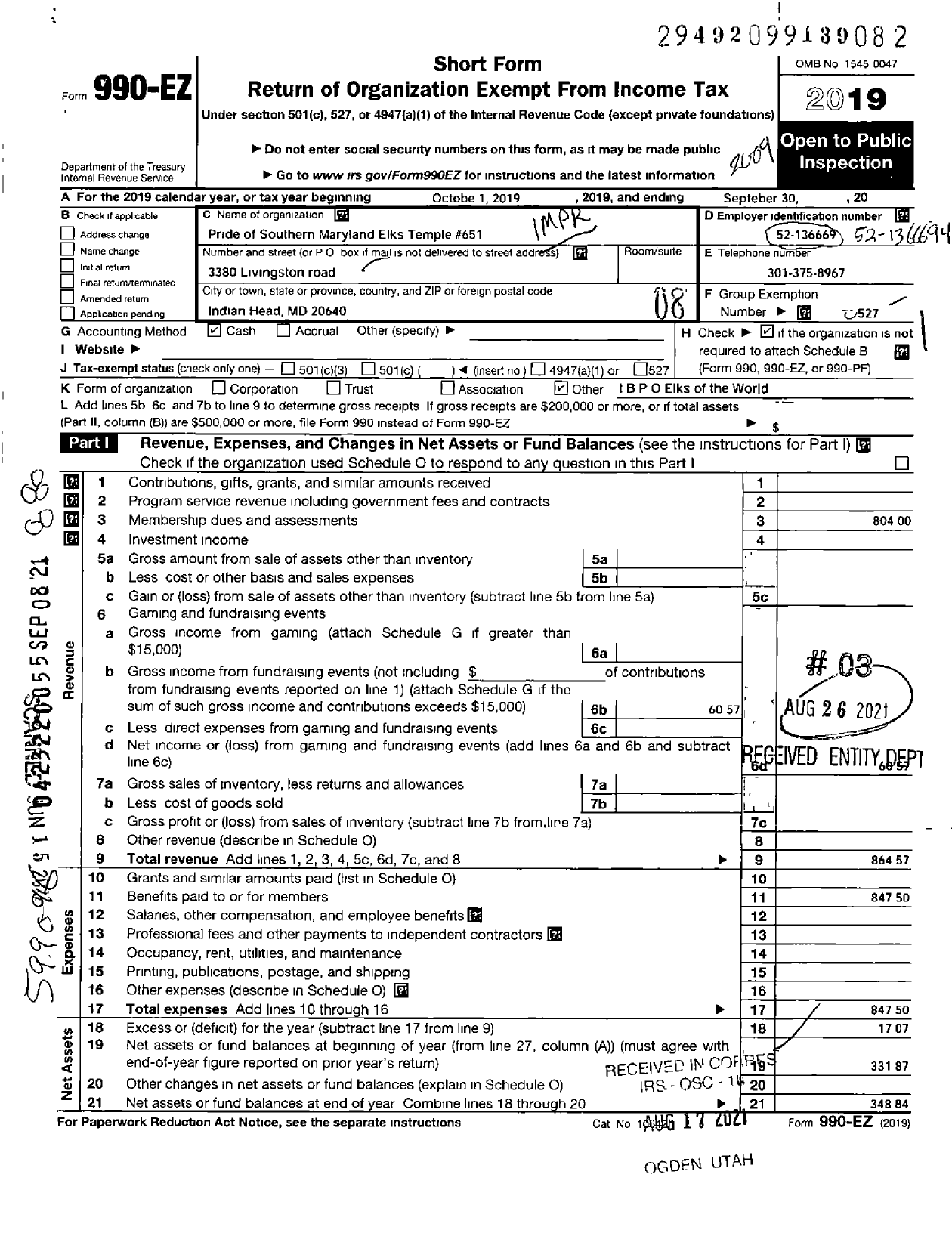 Image of first page of 2019 Form 990EO for Improved Benevolent and Protective Order of Elks of the World - 651 Pride of Southern MD Elks Templ