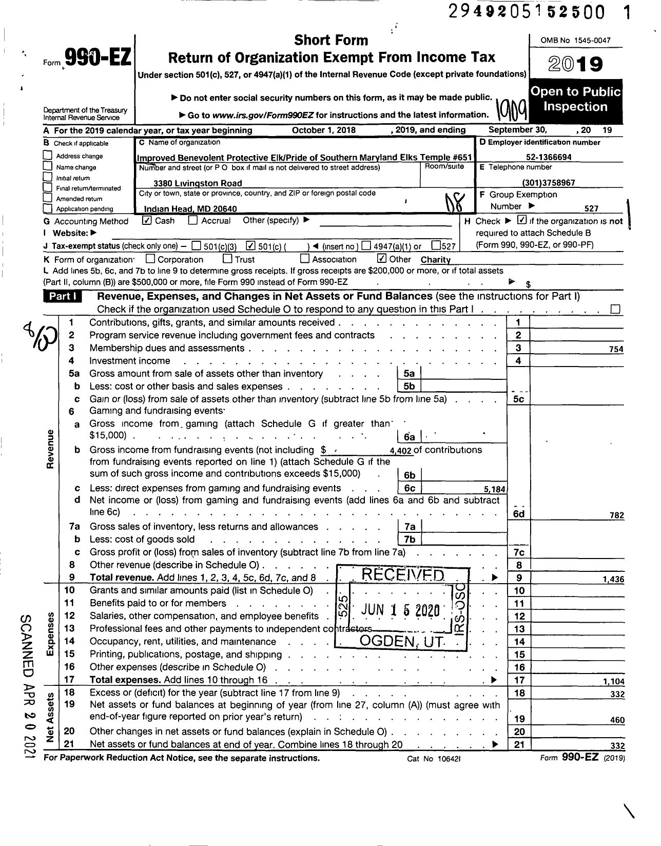 Image of first page of 2018 Form 990EO for Improved Benevolent and Protective Order of Elks of the World - 651 Pride of Southern MD Elks Templ