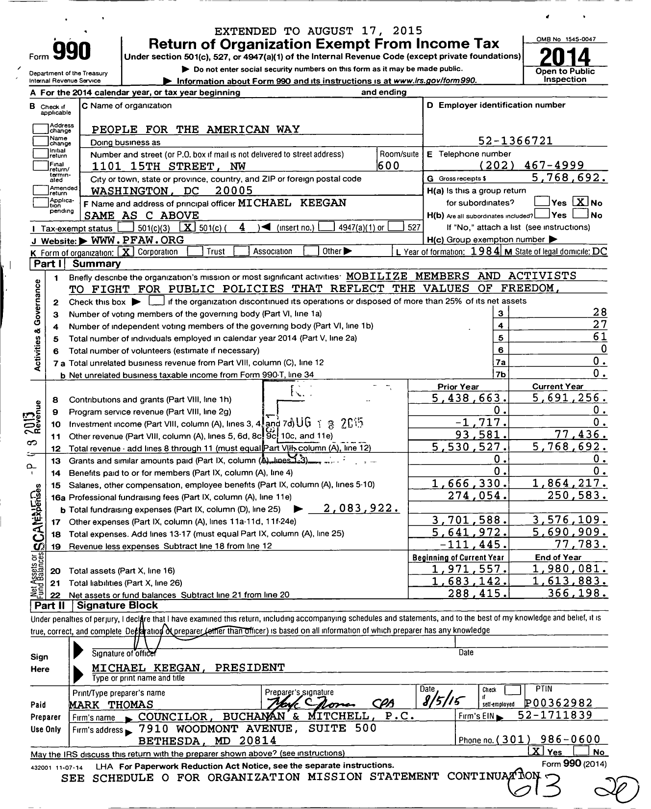 Image of first page of 2014 Form 990O for People for the American Way (PFAW)