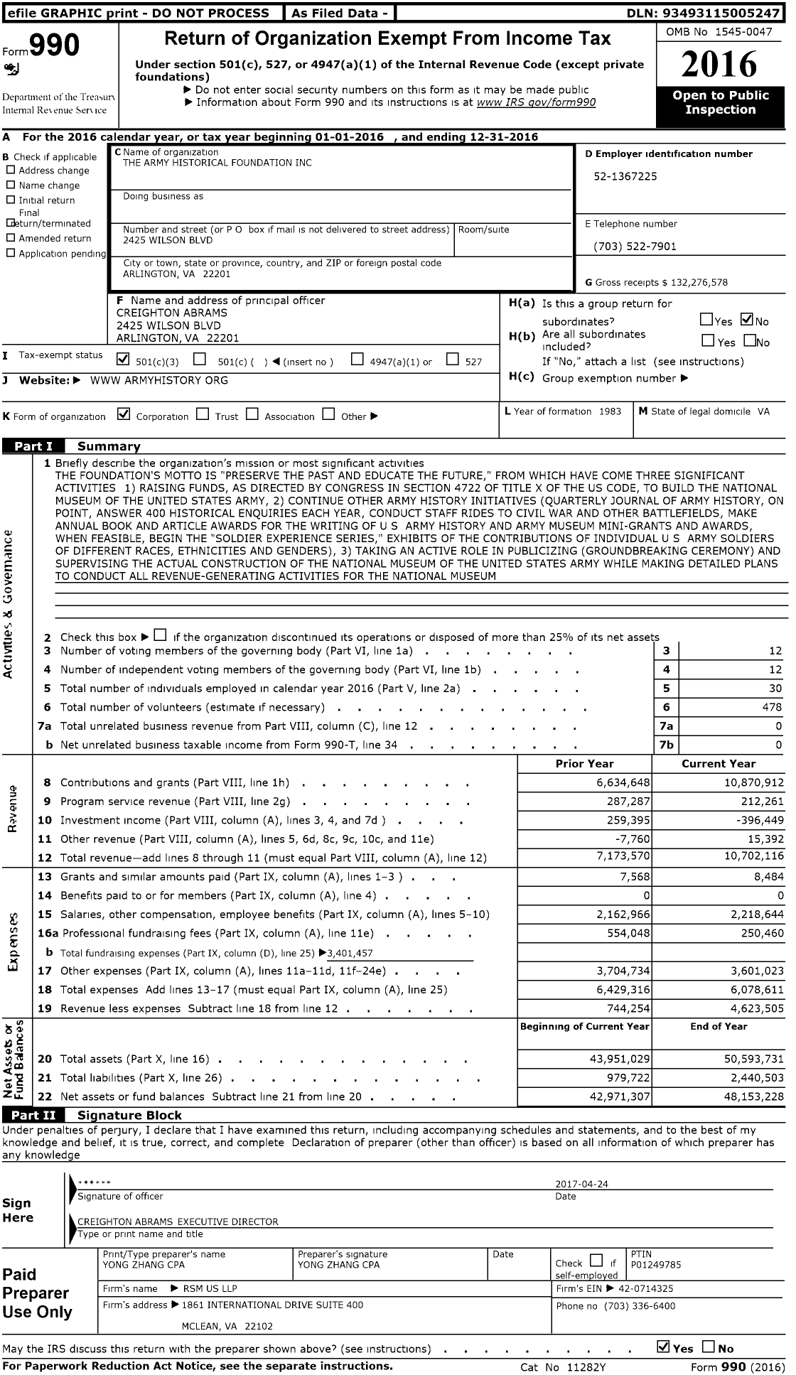 Image of first page of 2016 Form 990 for National Museum of the United States Army (NMUSA)
