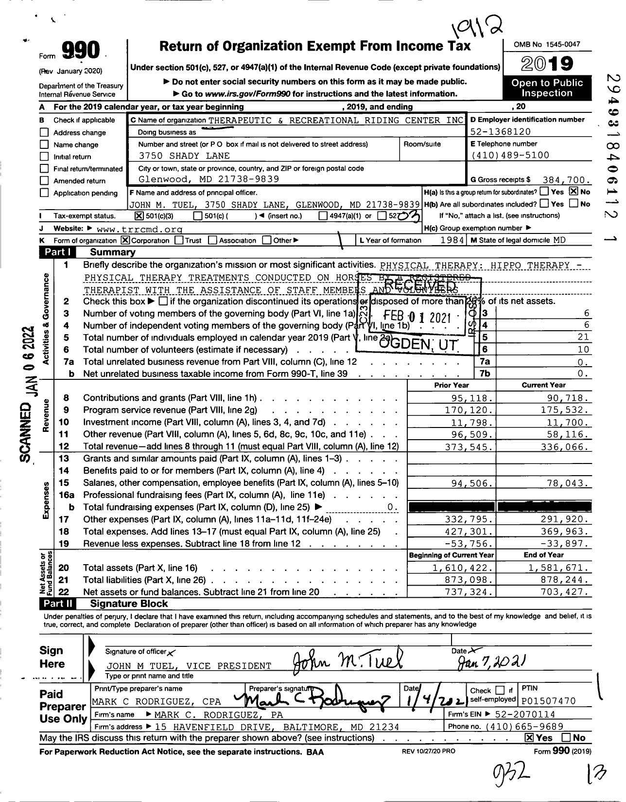 Image of first page of 2019 Form 990 for Therapeutic and Recreational Riding Center