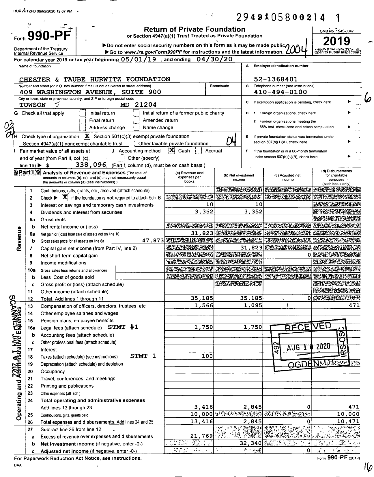 Image of first page of 2019 Form 990PF for Chester and Taube Hurwitz Foundation