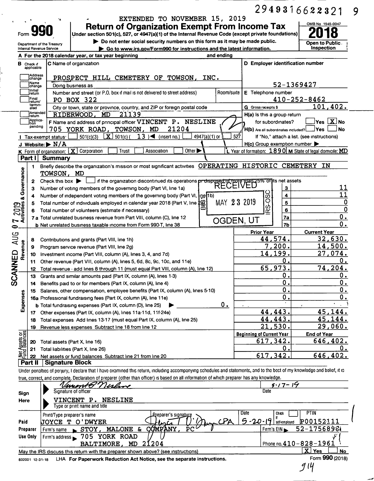 Image of first page of 2018 Form 990O for Prospect Hill Cemetery of Towson