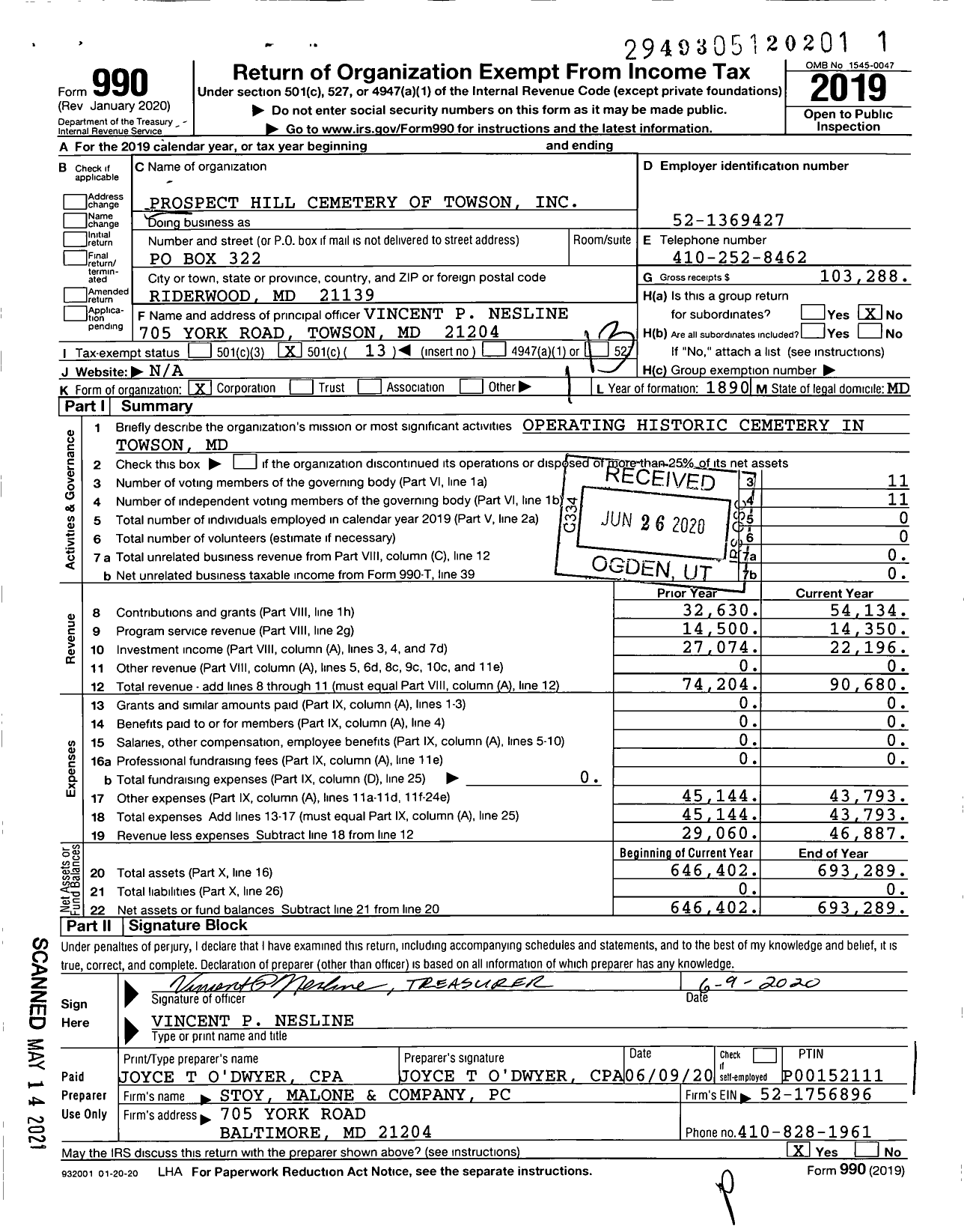 Image of first page of 2019 Form 990O for Prospect Hill Cemetery of Towson