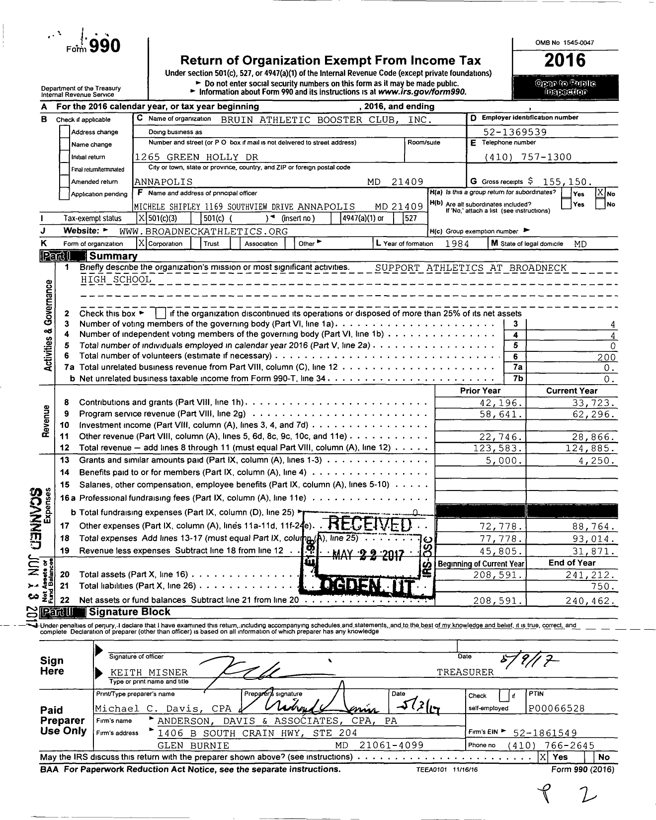 Image of first page of 2016 Form 990 for Bruins Athletic Boosters Club