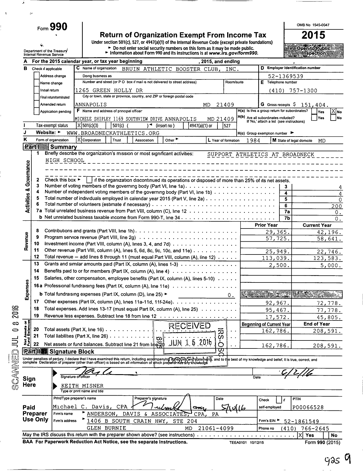 Image of first page of 2015 Form 990 for Bruins Athletic Boosters Club