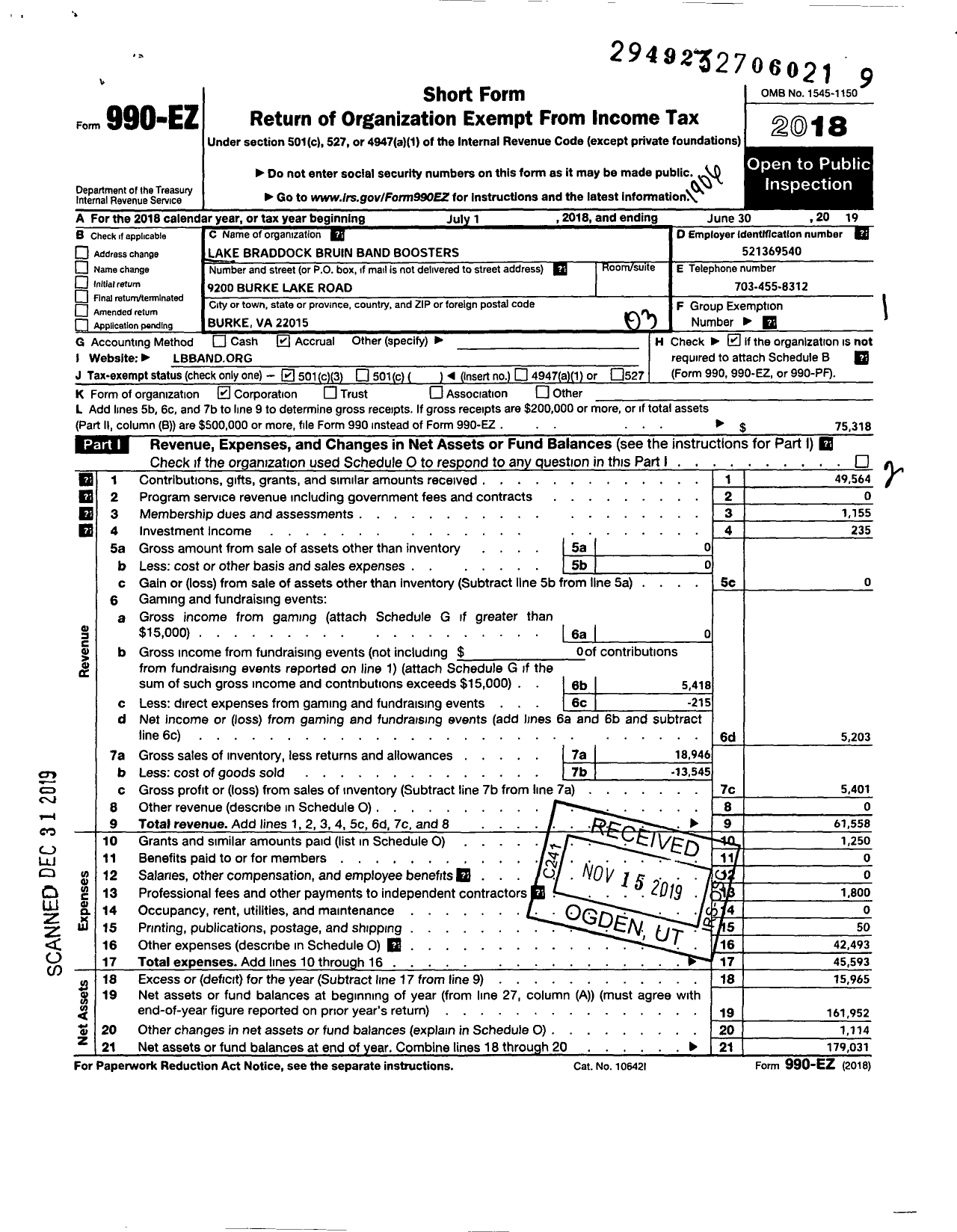 Image of first page of 2018 Form 990EZ for The Lake Braddock Bruin Band Boosters