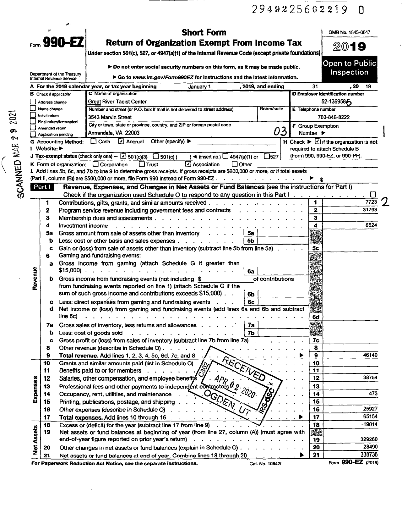 Image of first page of 2019 Form 990EZ for Great River Taoist Center