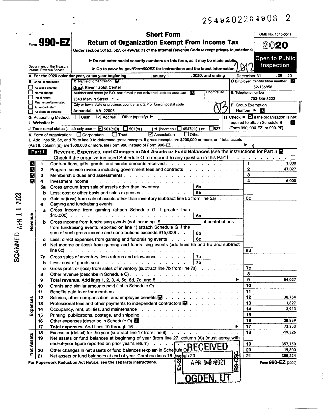 Image of first page of 2020 Form 990EZ for Great River Taoist Center