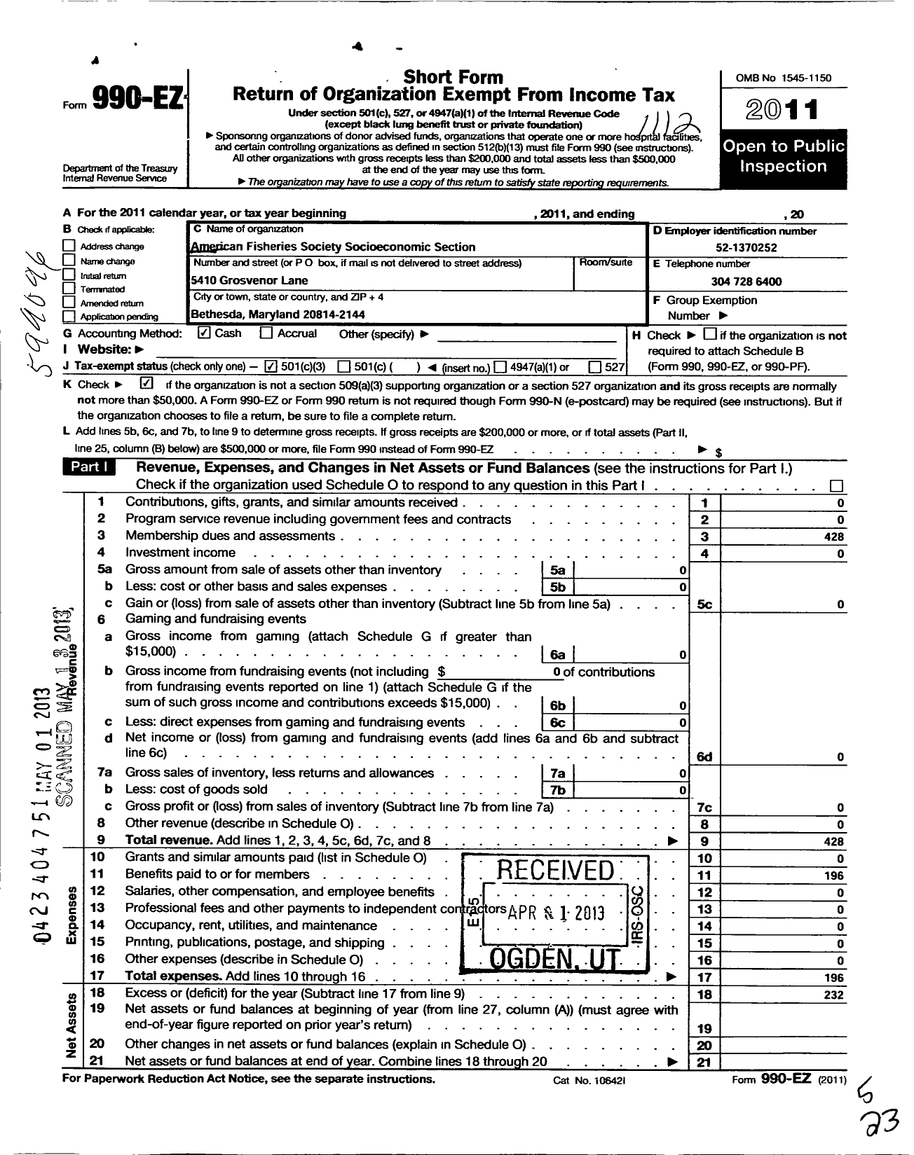 Image of first page of 2011 Form 990EZ for American Fisheries Society / Socioeconomics Section