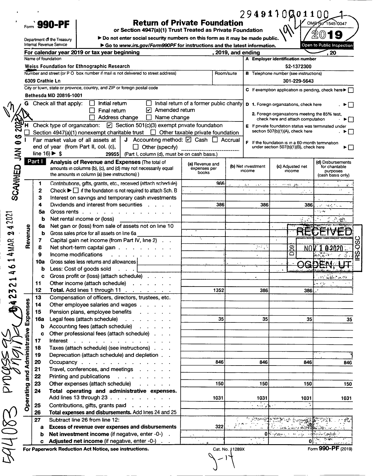 Image of first page of 2019 Form 990PF for Weiss Foundation for Ethnographic Research