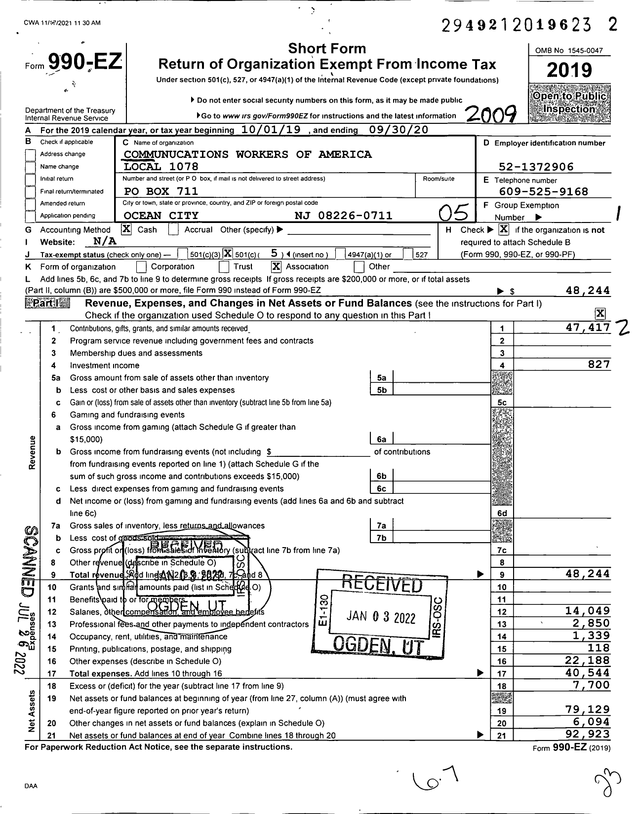 Image of first page of 2019 Form 990EO for Communications Workers of America - 1078