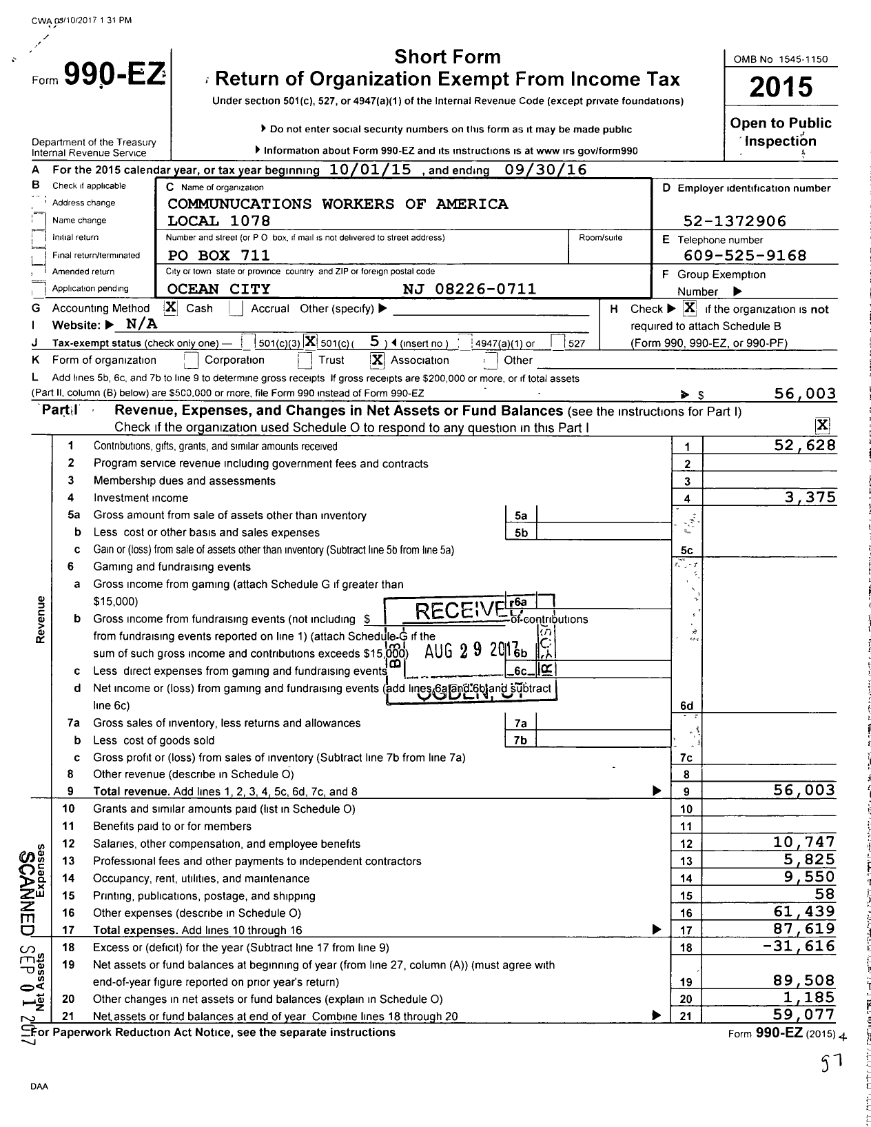 Image of first page of 2015 Form 990EO for Communications Workers of America - 1078