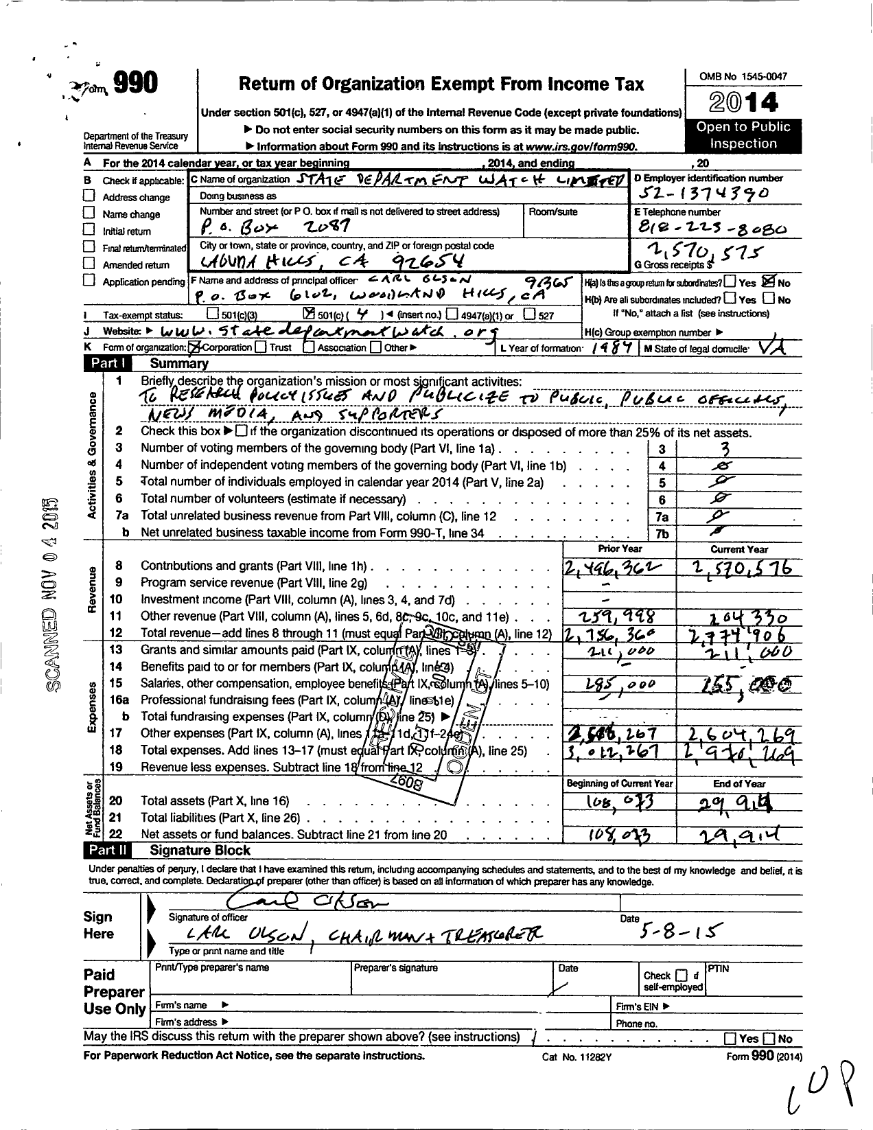 Image of first page of 2014 Form 990O for State Department Watch Limited