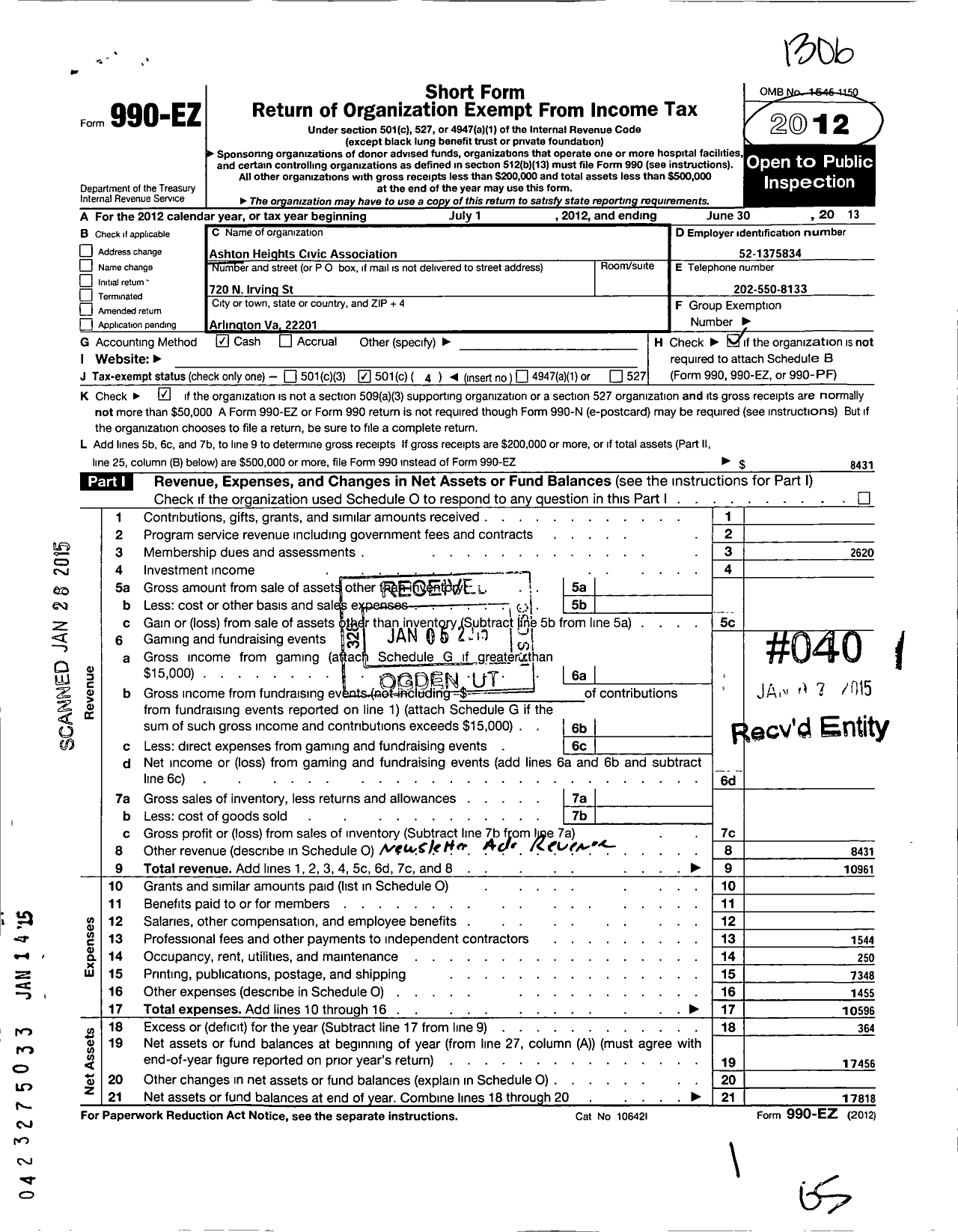 Image of first page of 2012 Form 990EO for Ashton Heights Civic Association
