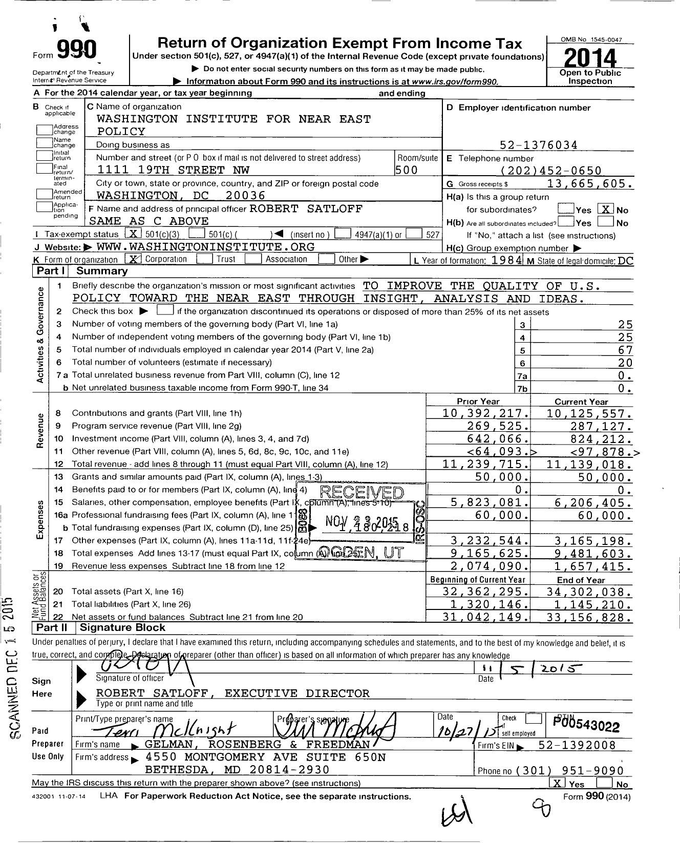 Image of first page of 2014 Form 990 for Washington Institute for Near East Policy (WINEP)