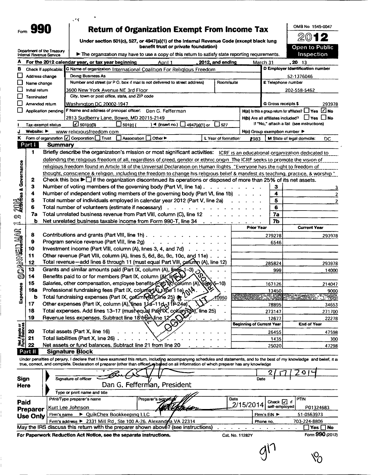 Image of first page of 2012 Form 990 for International Coalition for Religious Freedom