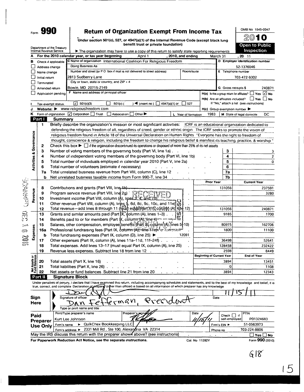 Image of first page of 2010 Form 990 for International Coalition for Religious Freedom