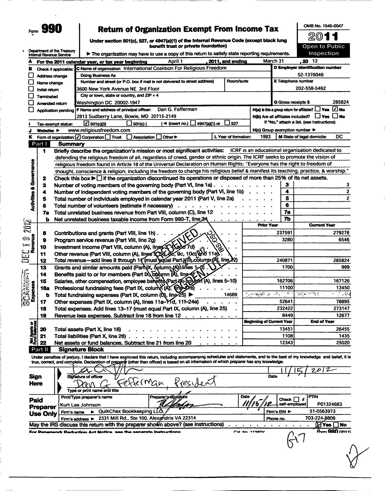 Image of first page of 2011 Form 990 for International Coalition for Religious Freedom