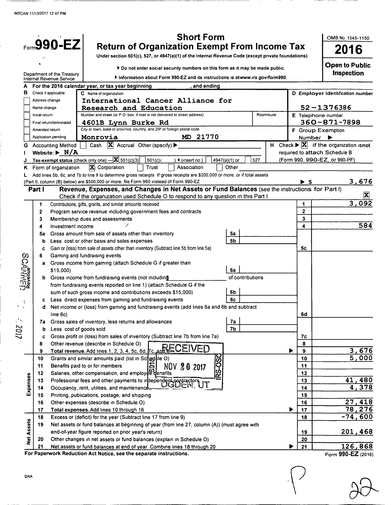 Image of first page of 2016 Form 990EZ for International Cancer Alliance for Research and Education