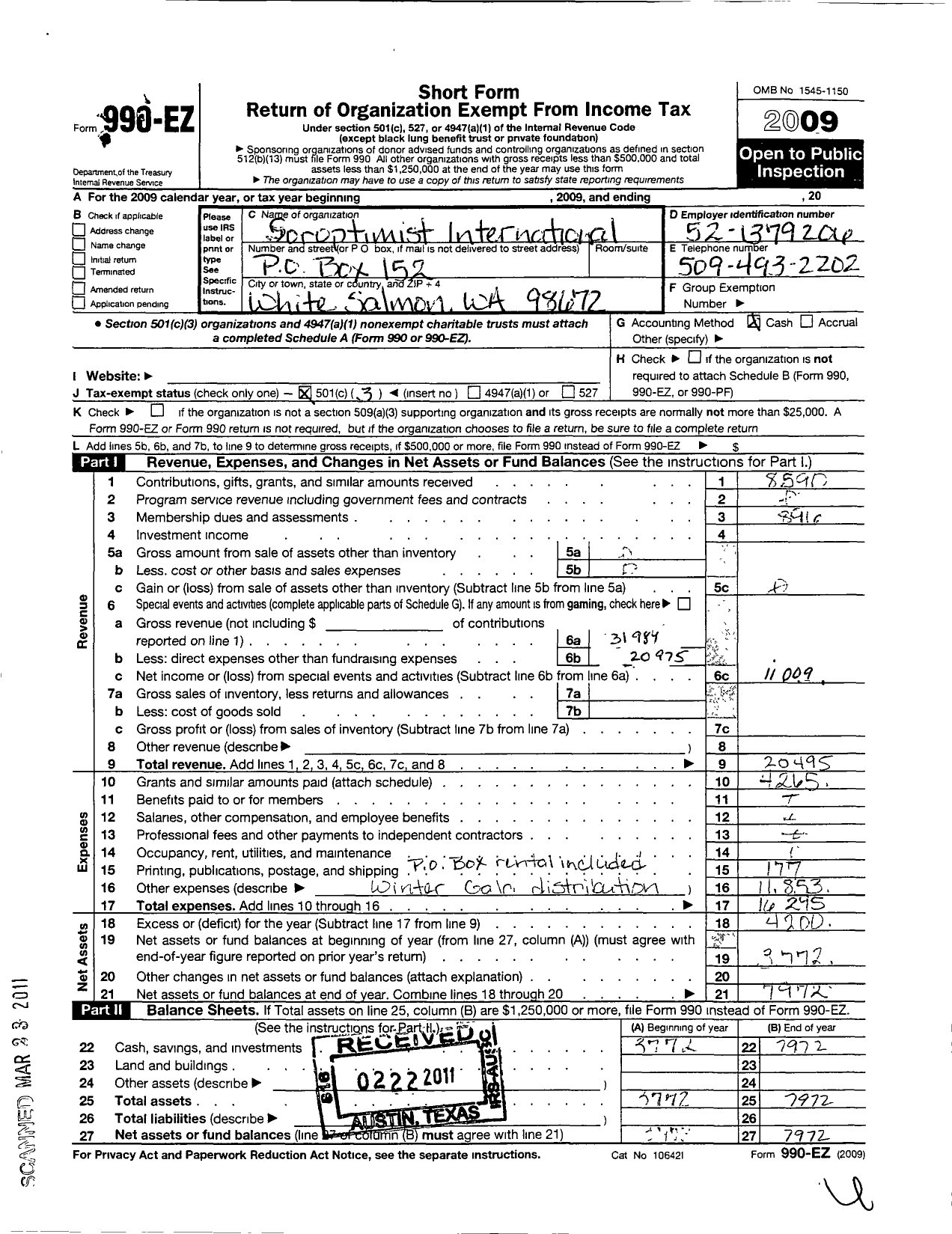 Image of first page of 2009 Form 990EZ for Soroptimist International of the Americas - 111235 Mount Adams Wa