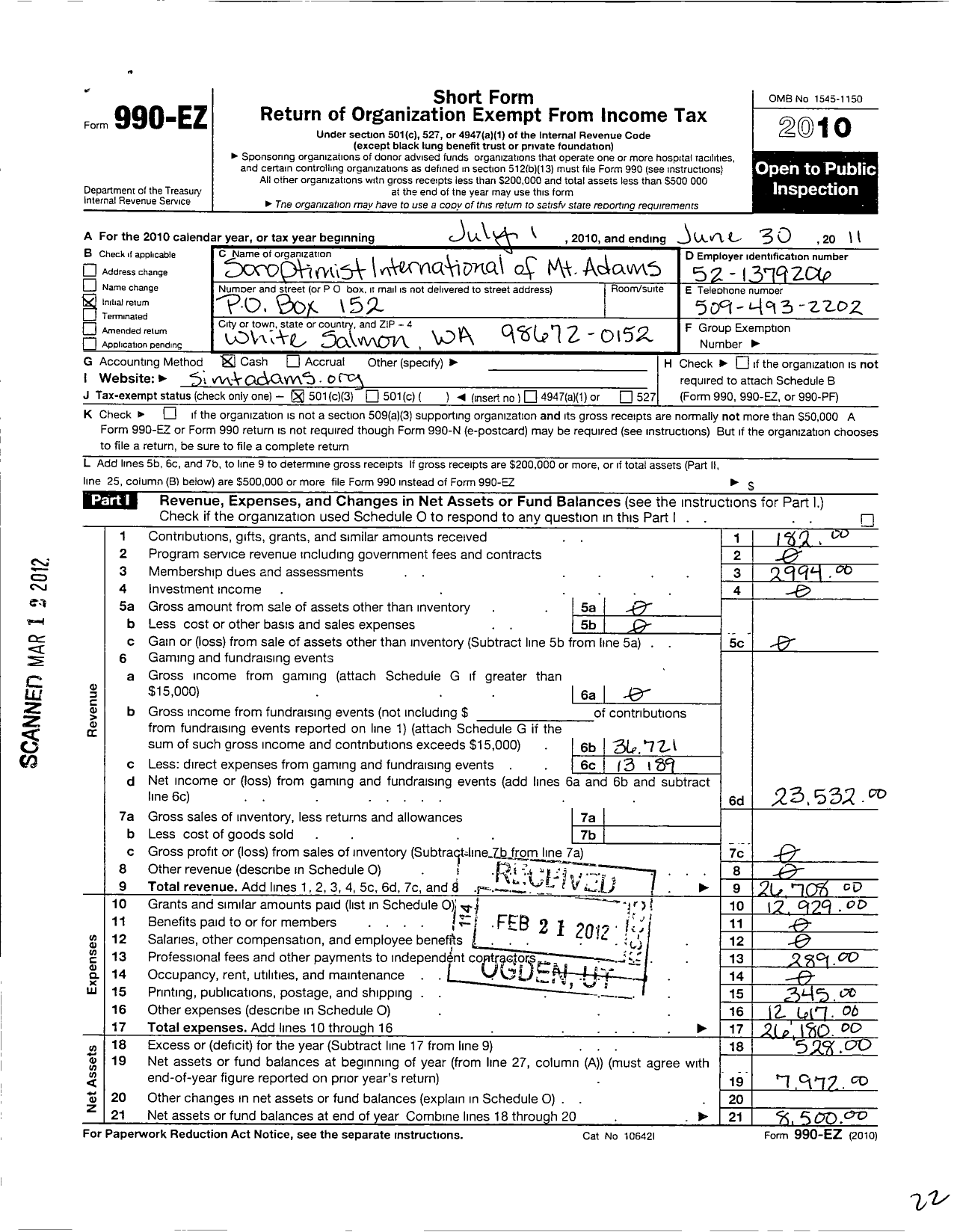 Image of first page of 2010 Form 990EZ for Soroptimist International of the Americas - 111235 Mount Adams Wa