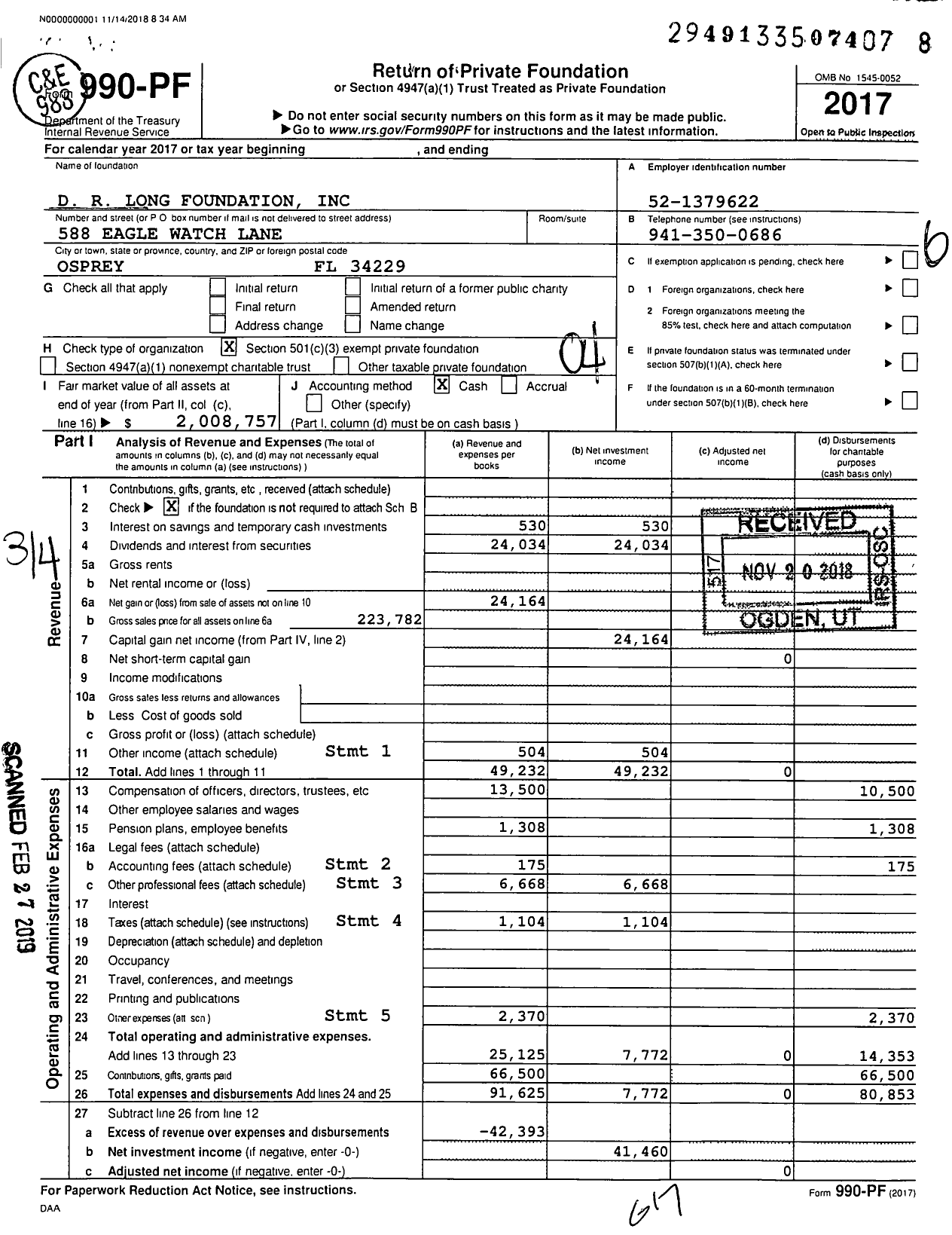 Image of first page of 2017 Form 990PF for D R Long Foundation