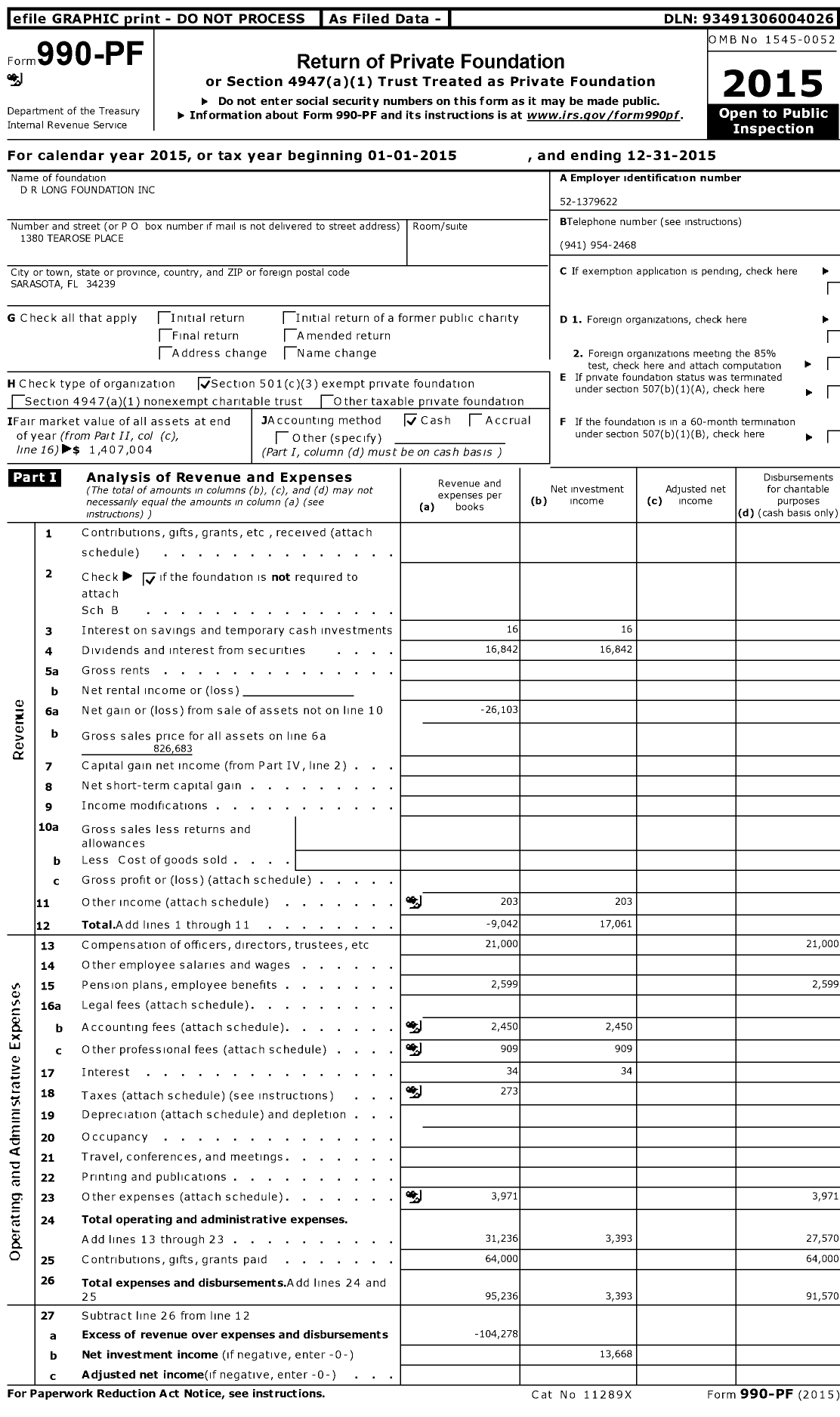 Image of first page of 2015 Form 990PF for D R Long Foundation