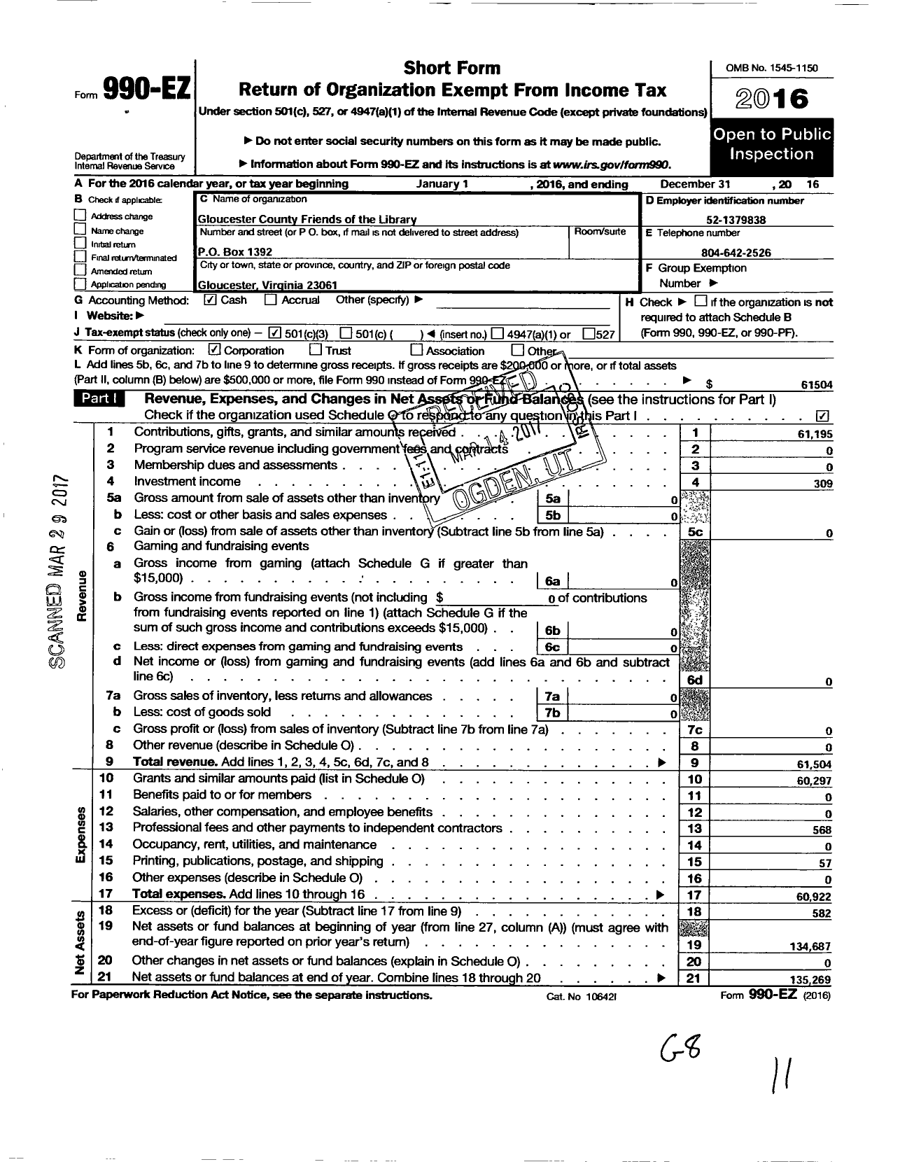 Image of first page of 2016 Form 990EZ for Gloucester County Friends of the Library