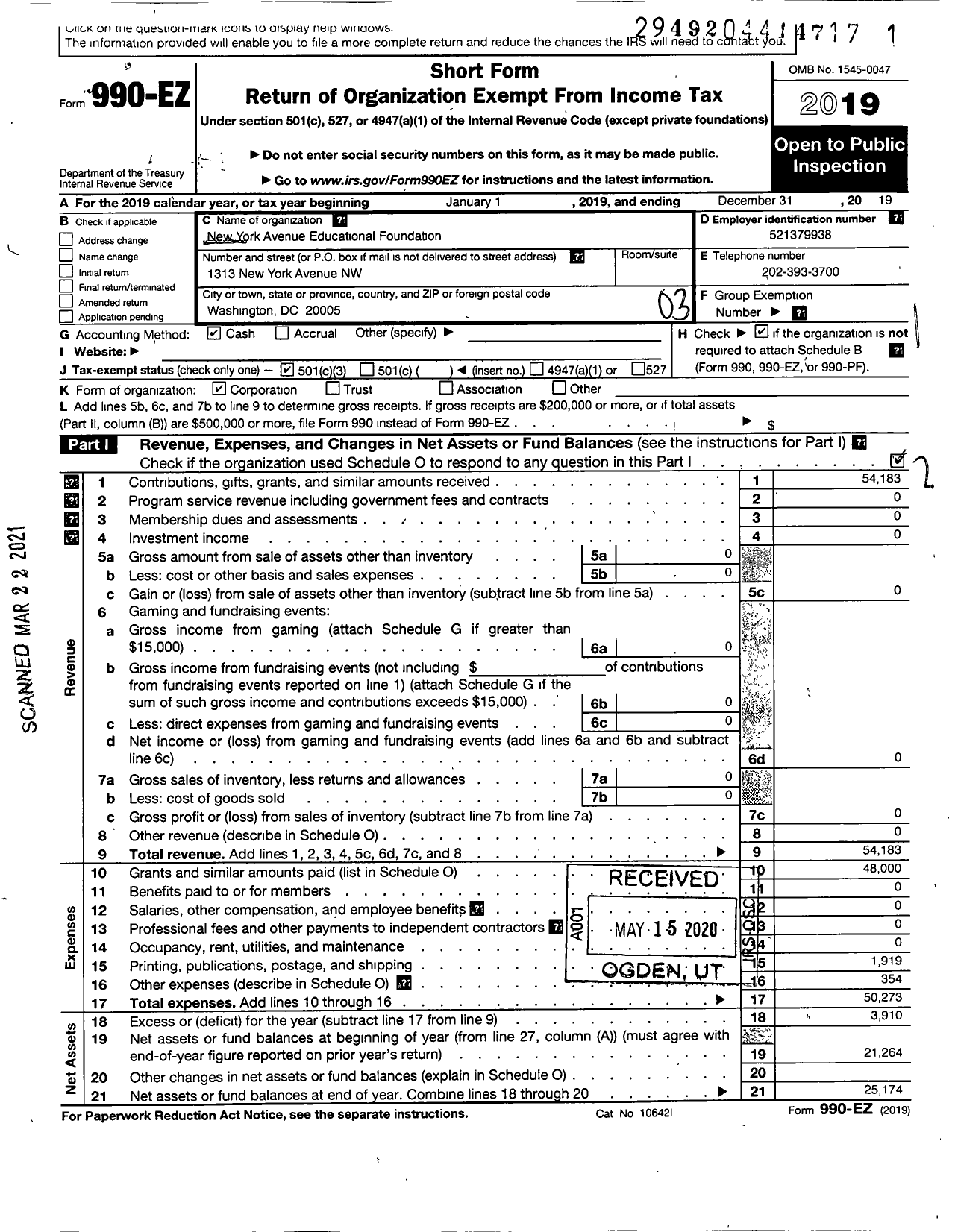 Image of first page of 2019 Form 990EZ for New York Avenue Educational Foundation