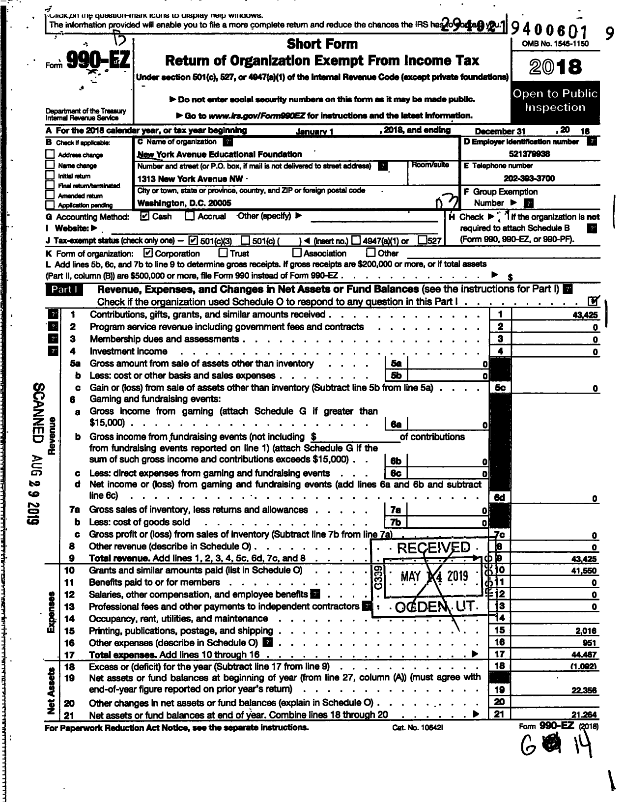 Image of first page of 2018 Form 990EZ for New York Avenue Educational Foundation