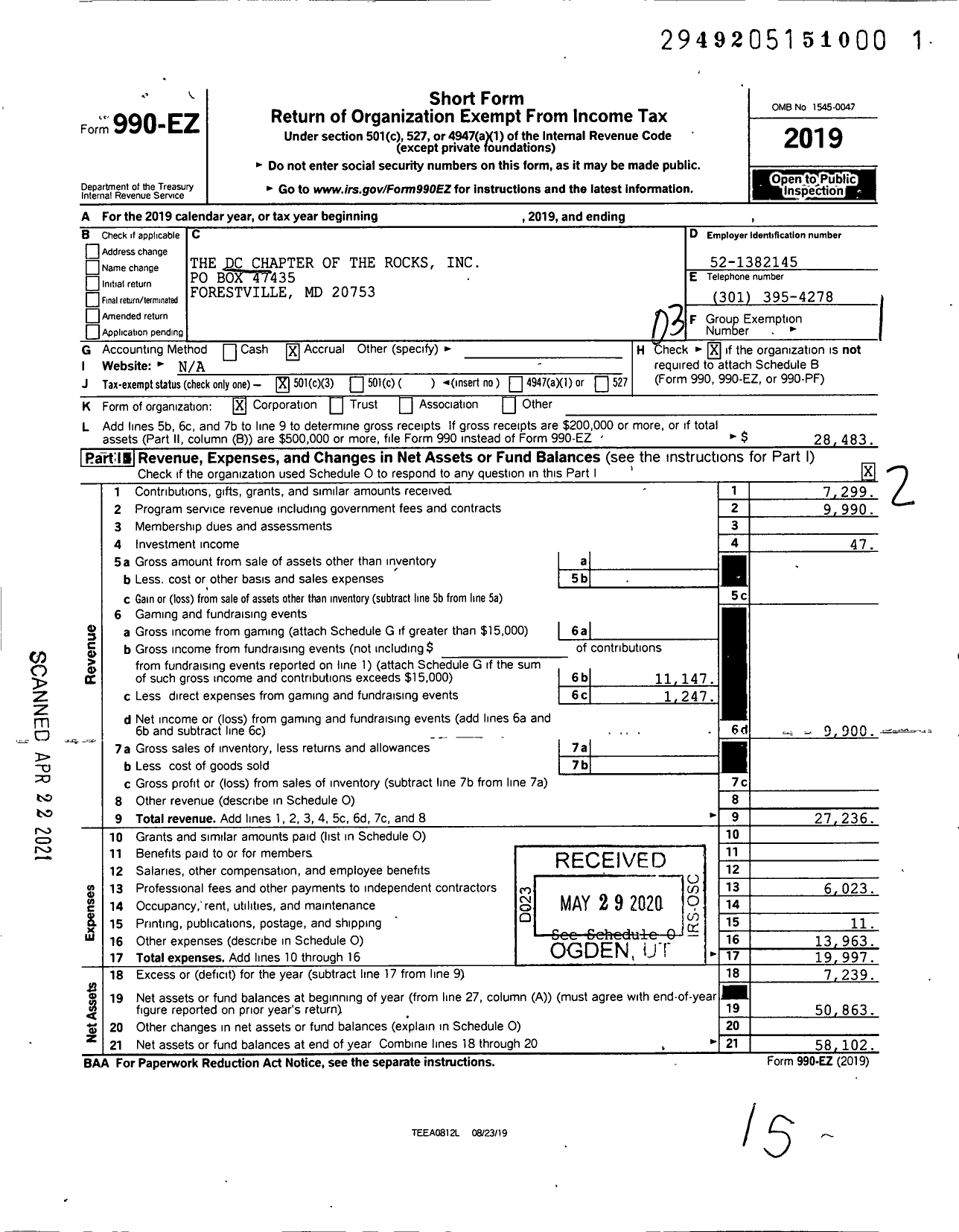 Image of first page of 2019 Form 990EZ for Washington DC Chapter of the Rocks