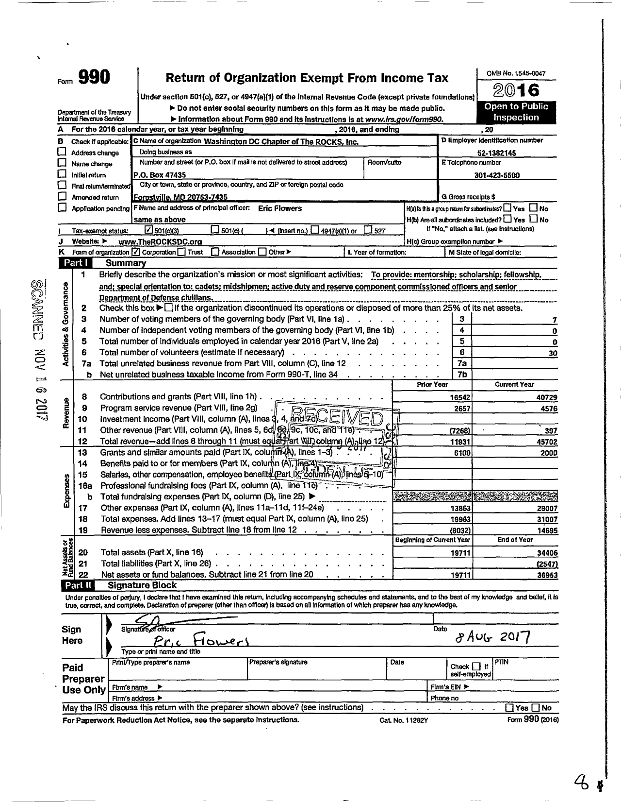 Image of first page of 2016 Form 990 for Washington DC Chapter of the Rocks