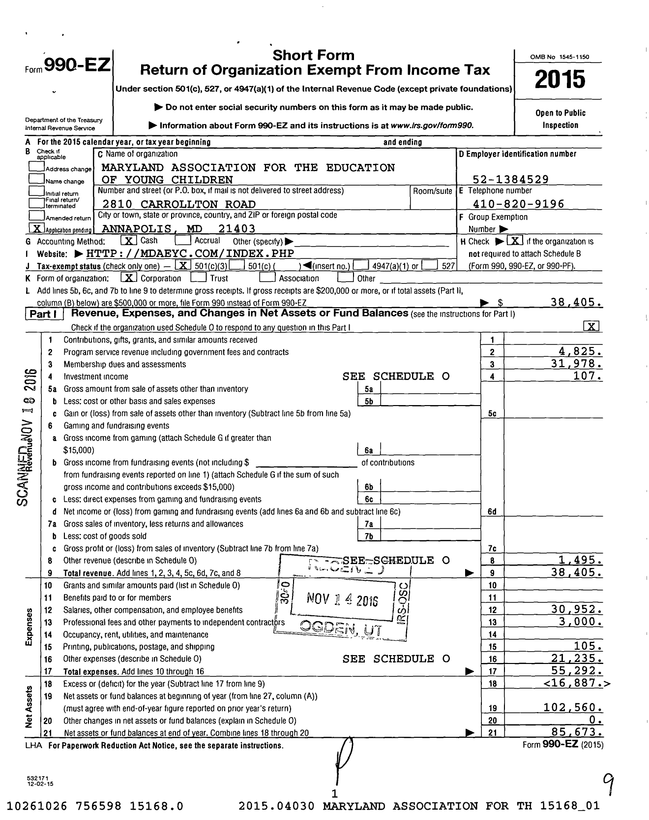 Image of first page of 2015 Form 990EZ for Maryland Association for the Education of Young Children