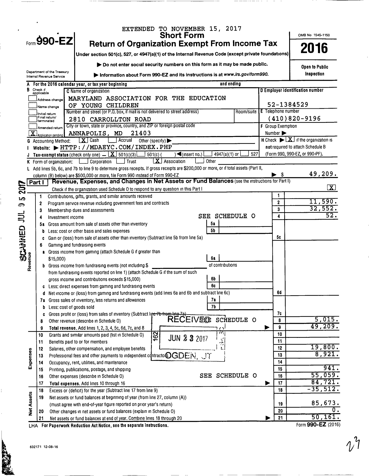 Image of first page of 2016 Form 990EZ for Maryland Association for the Education of Young Children