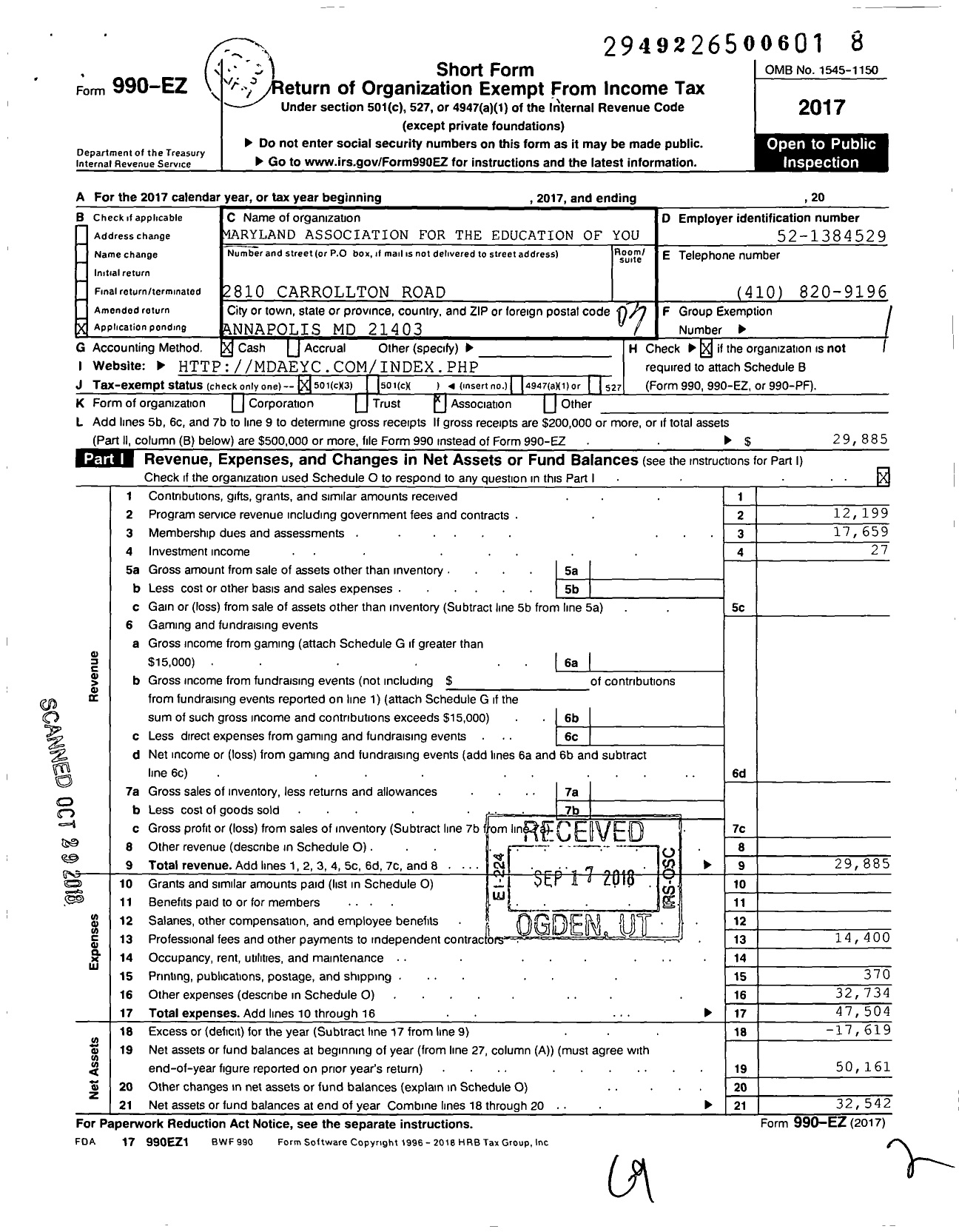 Image of first page of 2017 Form 990EZ for Maryland Association for the Education of Young Children