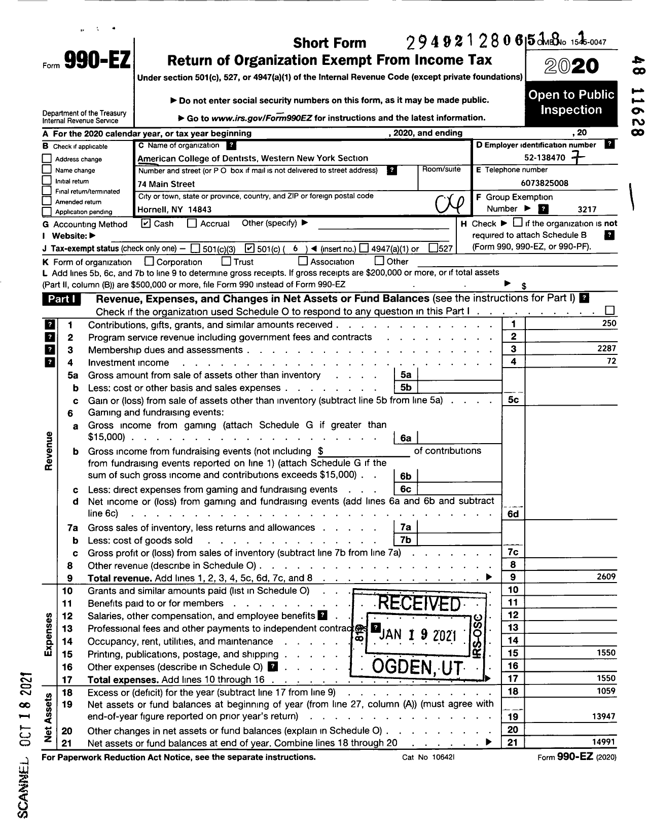 Image of first page of 2020 Form 990EO for American College OF Dentists INC Western New York Section