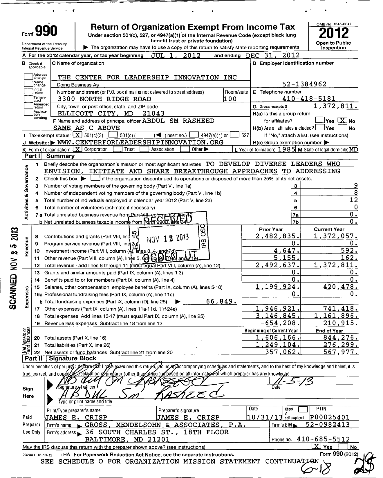 Image of first page of 2012 Form 990 for The Center for Leadership Innovation