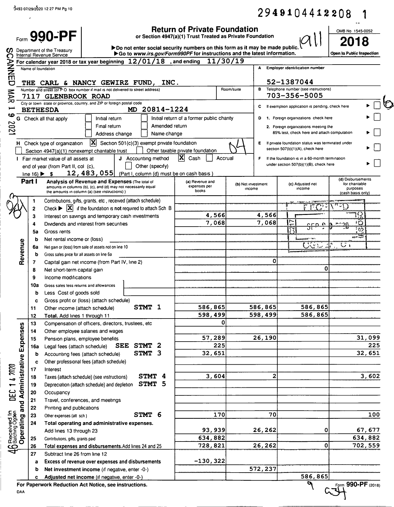 Image of first page of 2018 Form 990PF for The Carl and Nancy Gewirz Fund