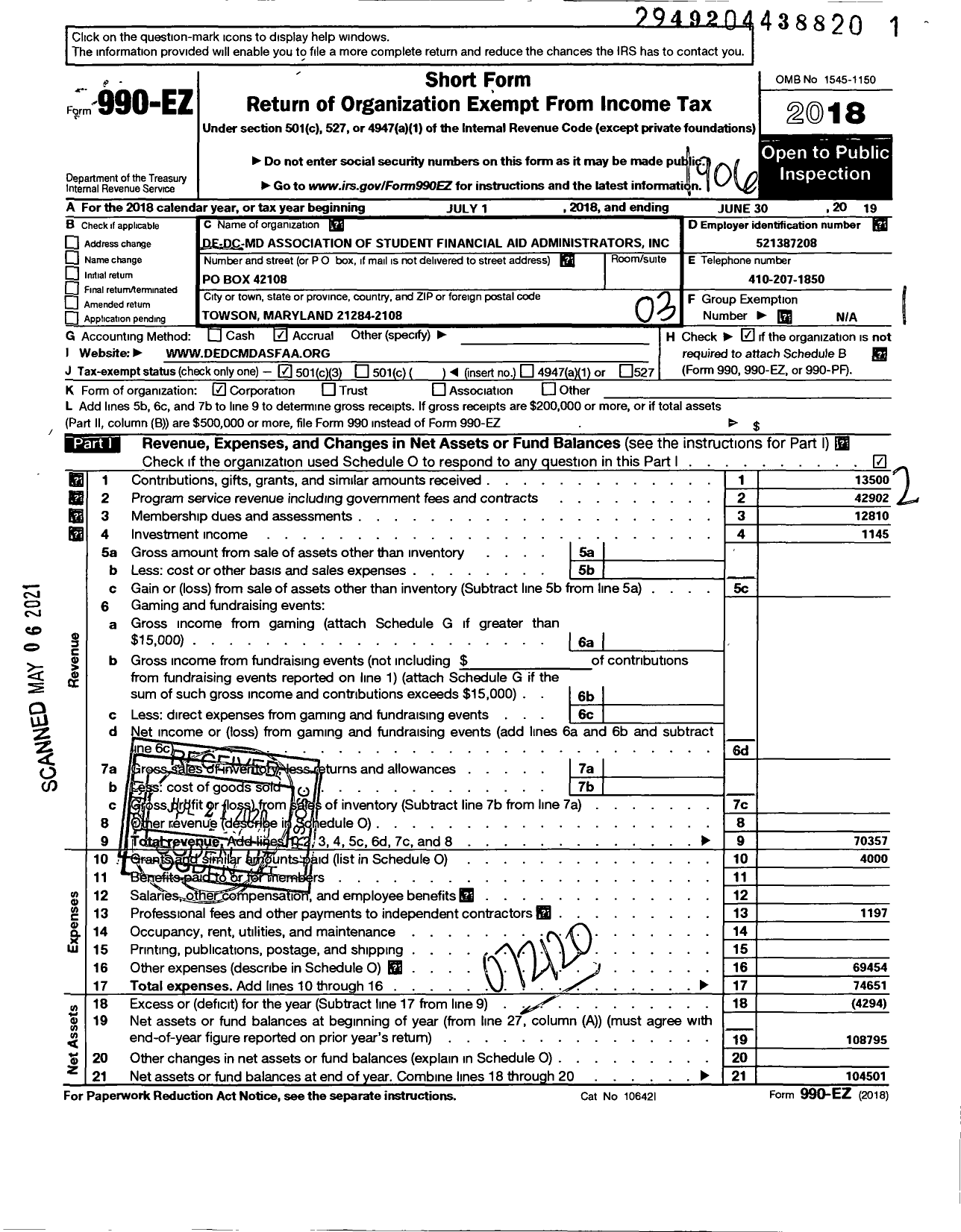 Image of first page of 2018 Form 990EZ for De-Dc-Md Association of Student Financial Aid Administrators