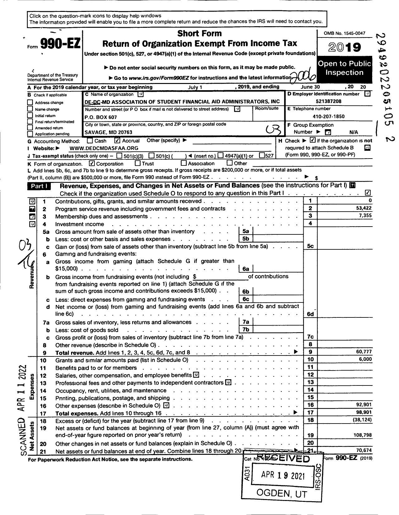 Image of first page of 2019 Form 990EZ for De-Dc-Md Association of Student Financial Aid Administrators