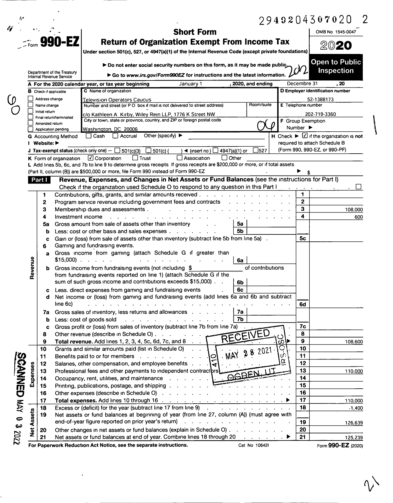 Image of first page of 2020 Form 990EO for Television Operators Caucus