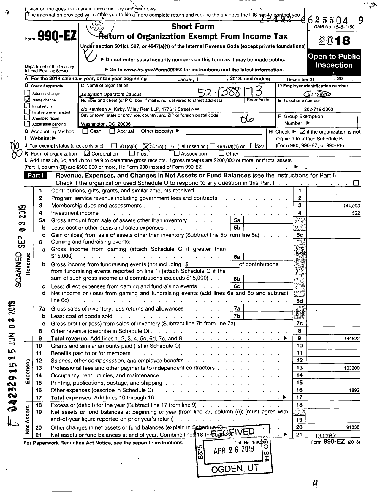 Image of first page of 2018 Form 990EO for Television Operators Caucus