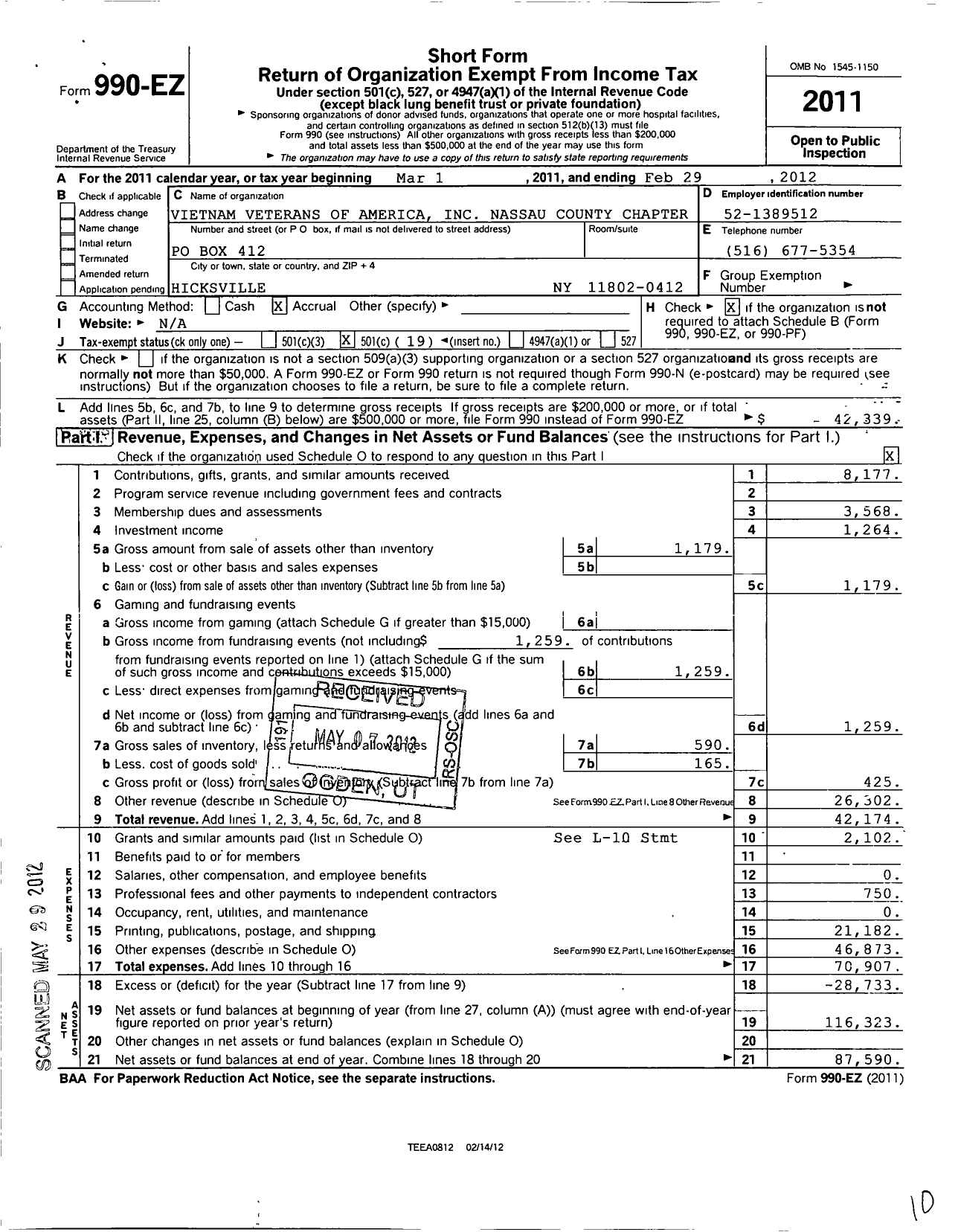 Image of first page of 2011 Form 990EO for Vietnam Veterans of America - 82 Nassau County Vva Chapter