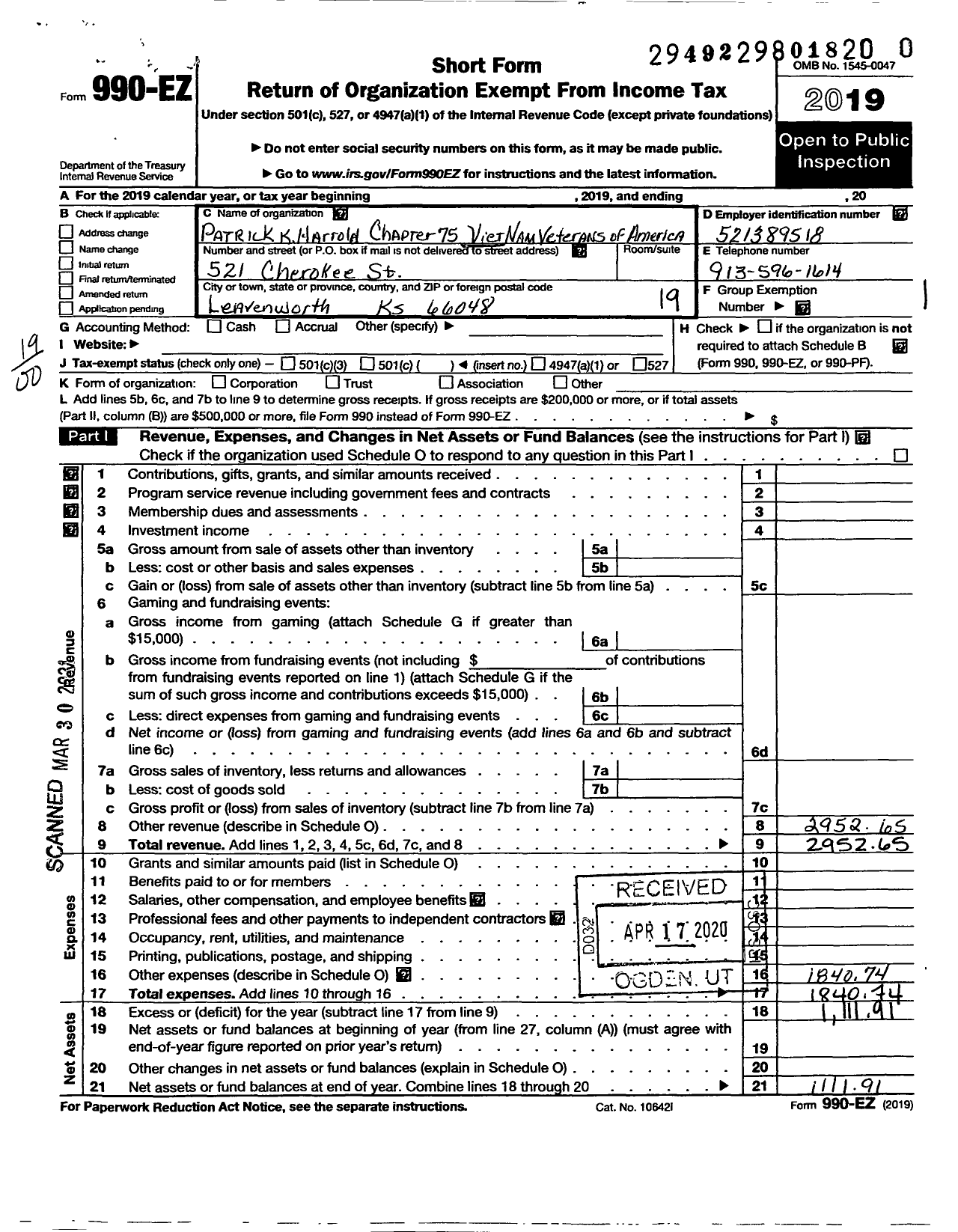 Image of first page of 2019 Form 990EO for Vietnam Veterans of America - 75 Chapter