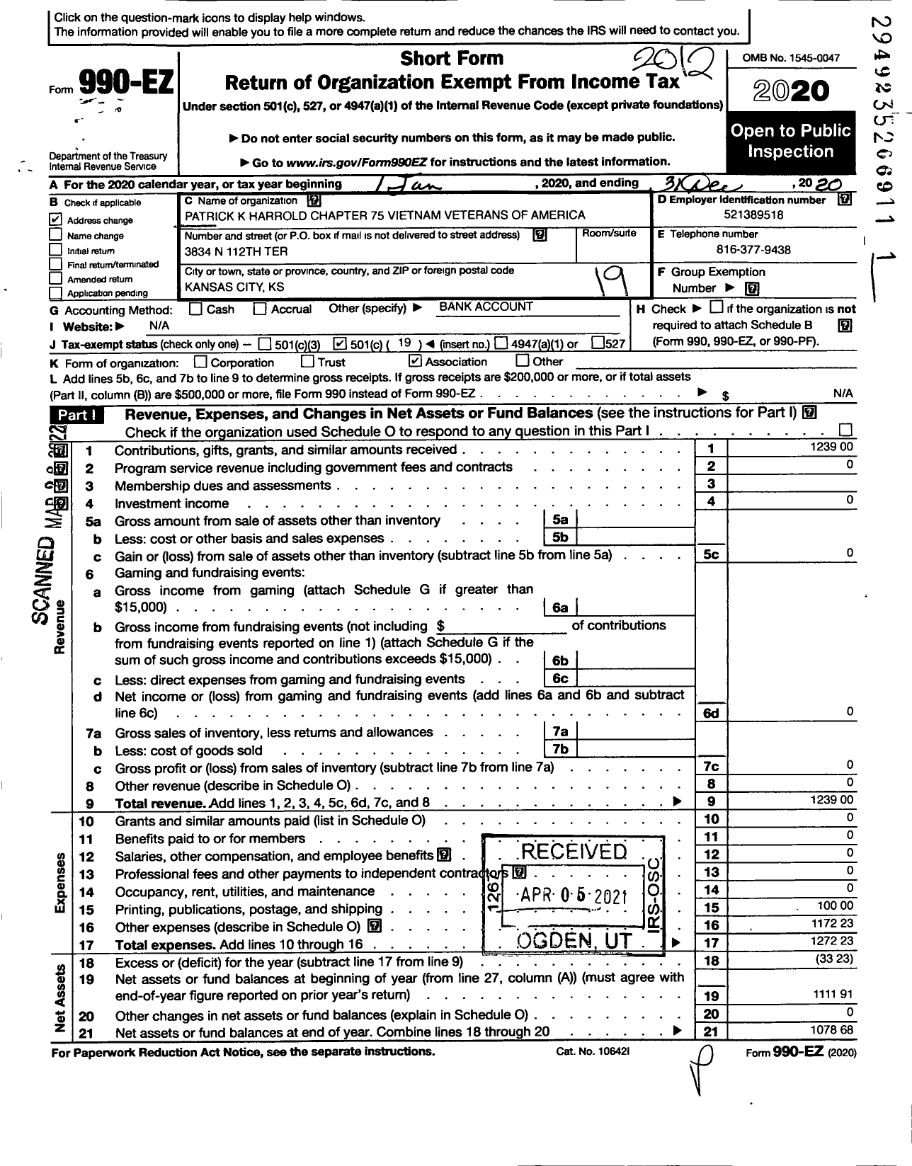 Image of first page of 2020 Form 990EO for Vietnam Veterans of America - 75 Chapter